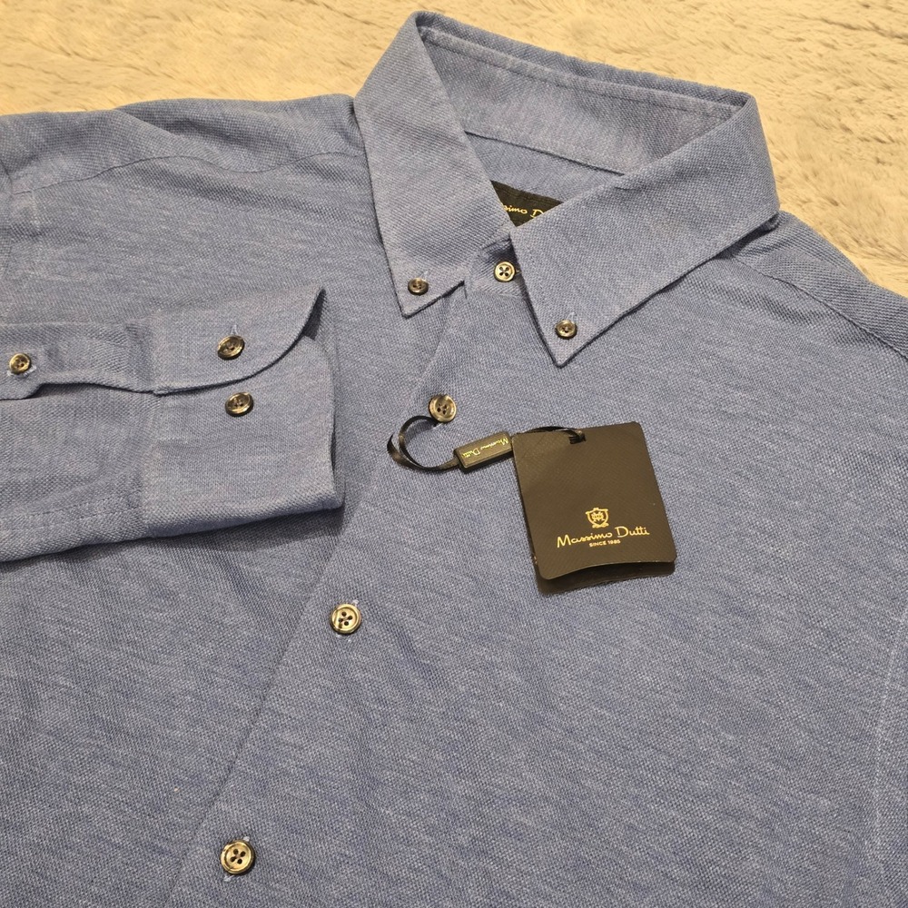 Massimo Dutti Mens Blue 100% Cotton Button Down Shirt XL Made in Portugal NWT